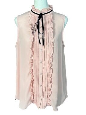Pleione Vintage Style Ruffled Mock Neck Sleeveless Ribbon Tie Blouse Medium